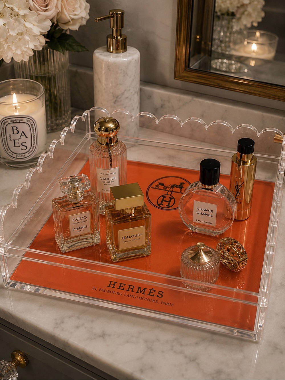 *Handmade* Acrylic Vanity Tray with Hermes Authentic Shopping Bag Insert